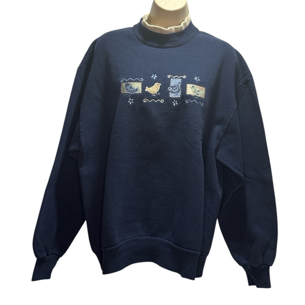 Vintage Top Stitch by MORNING SUN Embroidery Birds Double Collar Sweatshirt Y2K